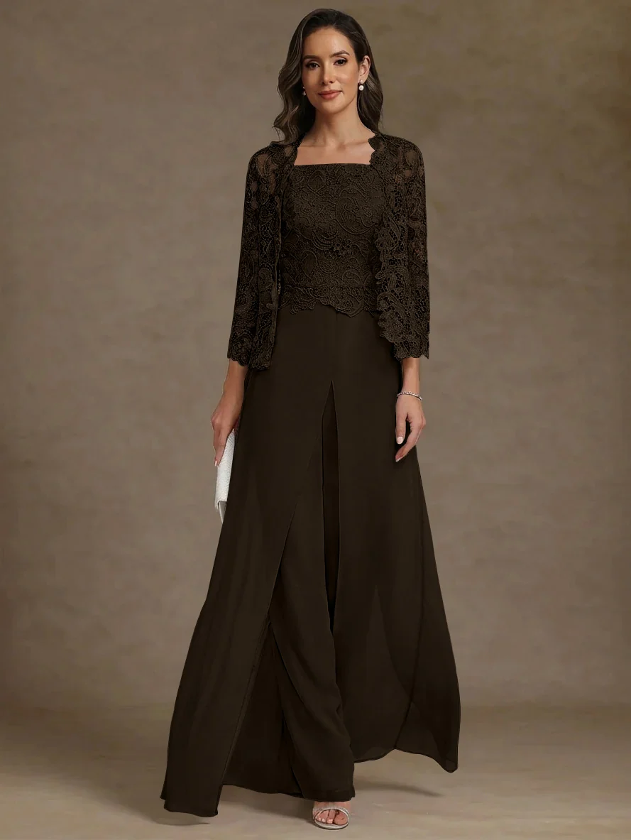 3 Pieces Square Collar Chiffon Mother of the Bride Pantsuits with Jacket Lace Ankle-Length with Overskirt 3/4 Sleeves
