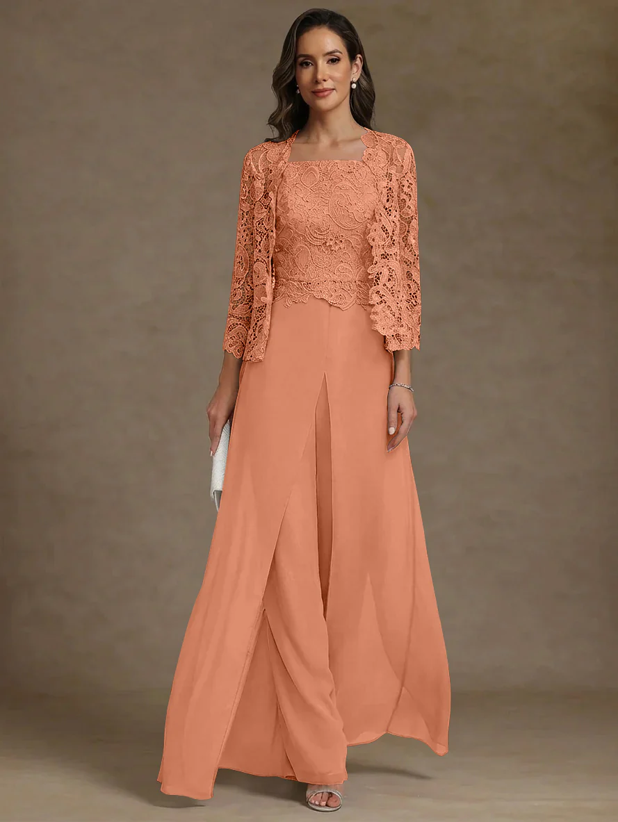 3 Pieces Square Collar Chiffon Mother of the Bride Pantsuits with Jacket Lace Ankle-Length with Overskirt 3/4 Sleeves