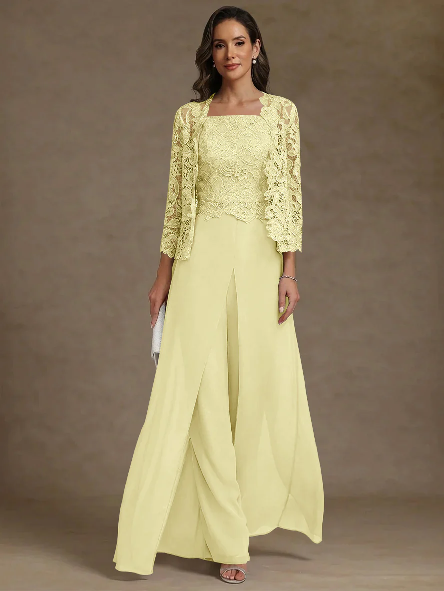 3 Pieces Square Collar Chiffon Mother of the Bride Pantsuits with Jacket Lace Ankle-Length with Overskirt 3/4 Sleeves