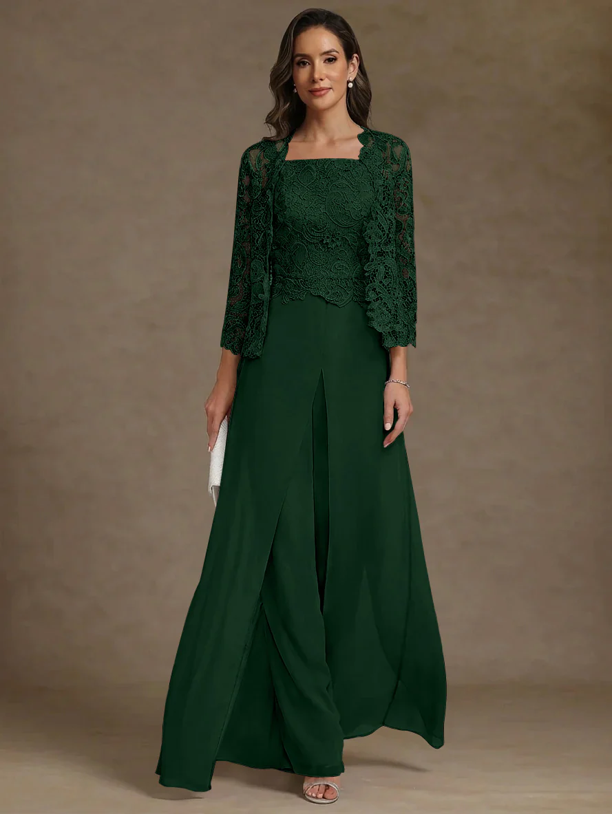 3 Pieces Square Collar Chiffon Mother of the Bride Pantsuits with Jacket Lace Ankle-Length with Overskirt 3/4 Sleeves