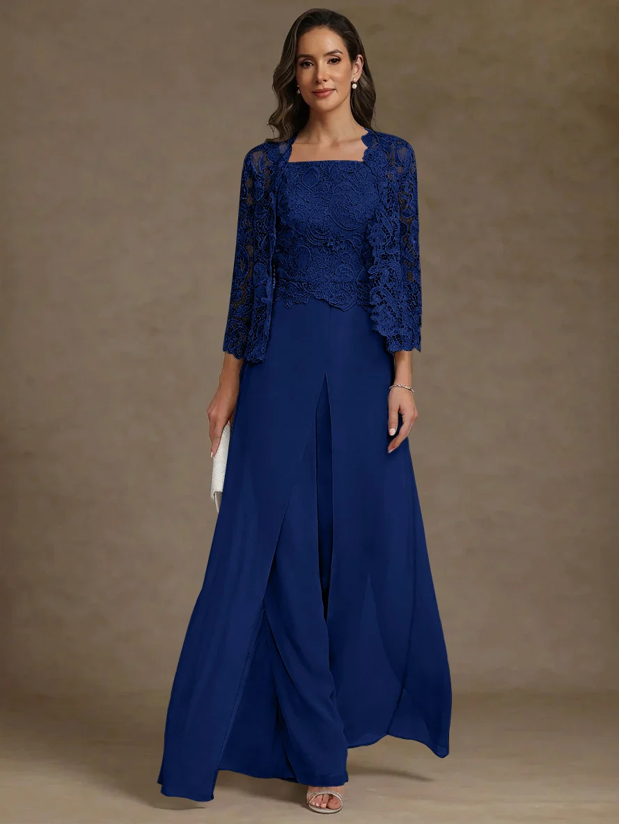3 Pieces Square Collar Chiffon Mother of the Bride Pantsuits with Jacket Lace Ankle-Length with Overskirt 3/4 Sleeves