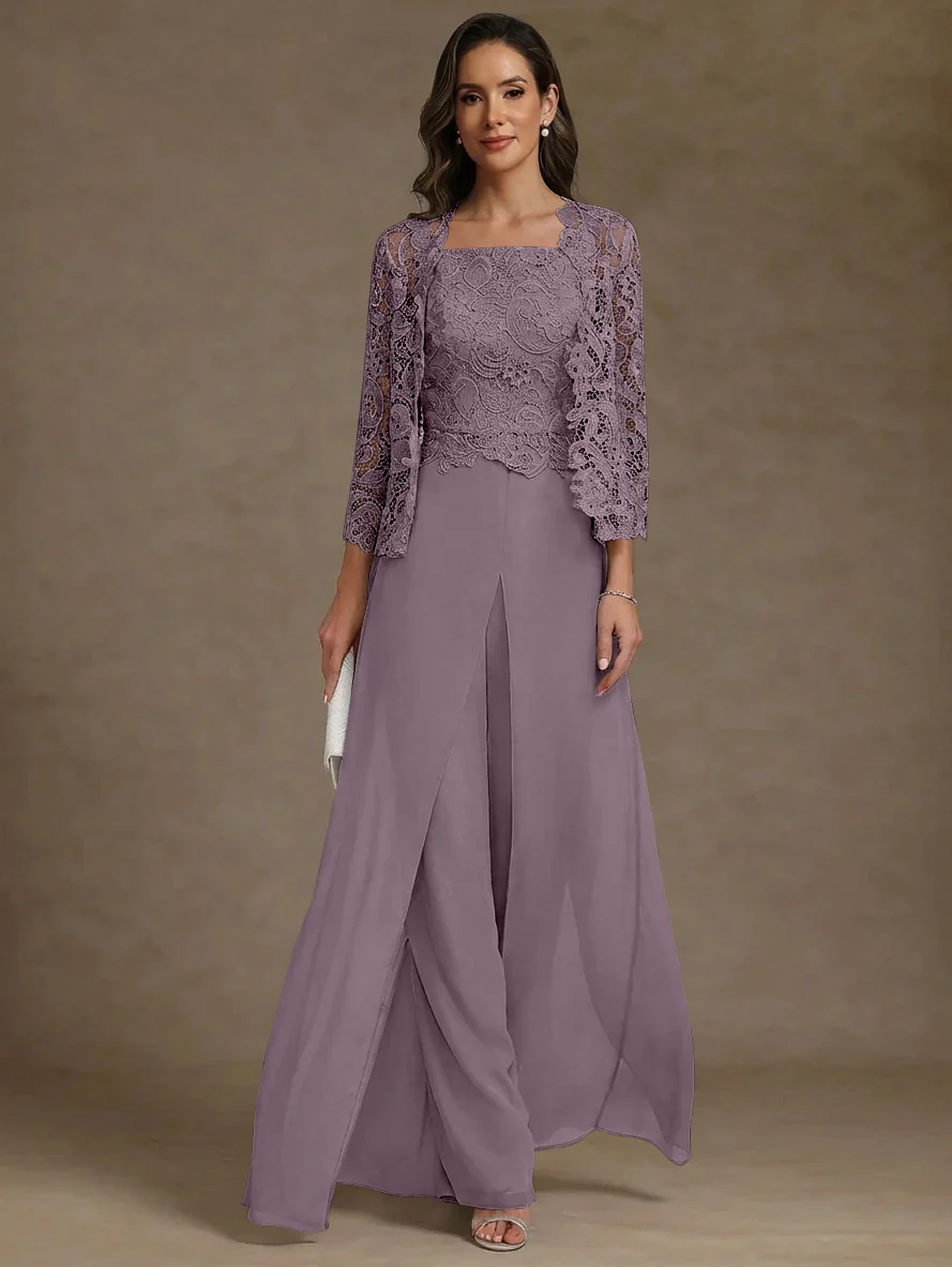 3 Pieces Square Collar Chiffon Mother of the Bride Pantsuits with Jacket Lace Ankle-Length with Overskirt 3/4 Sleeves