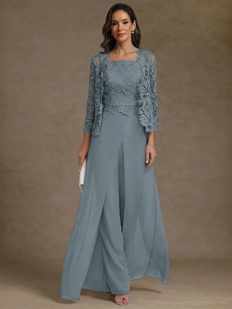 3 Pieces Square Collar Chiffon Mother of the Bride Pantsuits with Jacket Lace Ankle-Length with Overskirt 3/4 Sleeves