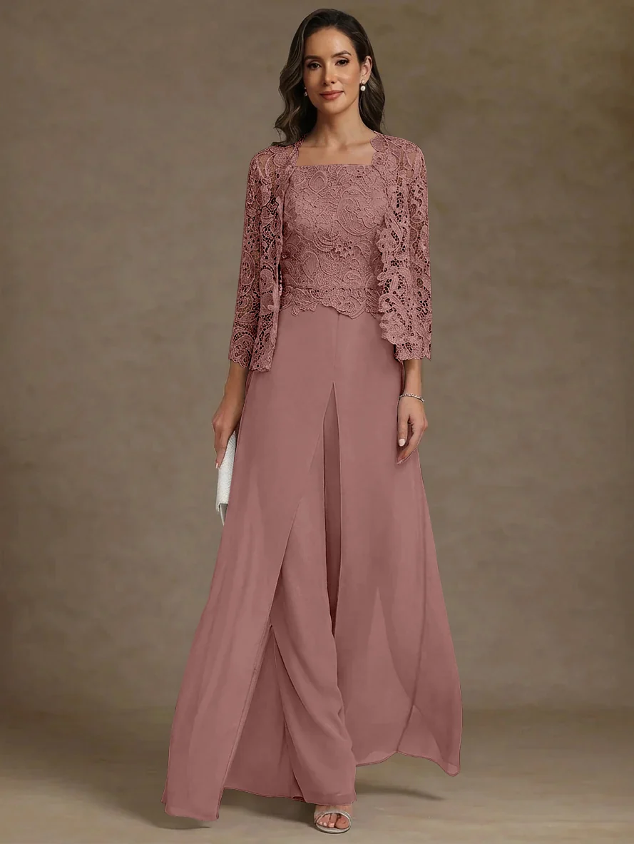 3 Pieces Square Collar Chiffon Mother of the Bride Pantsuits with Jacket Lace Ankle-Length with Overskirt 3/4 Sleeves