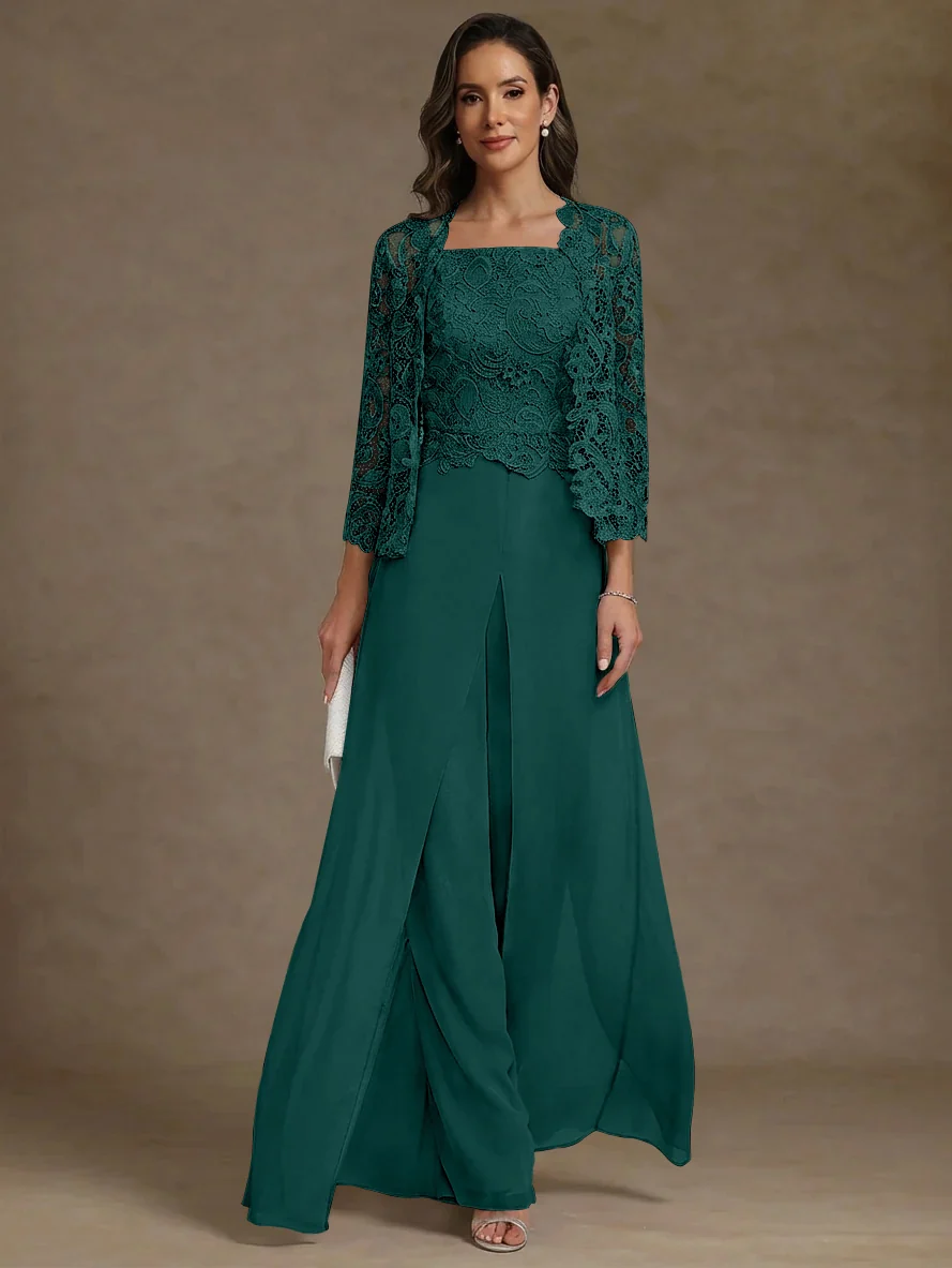 3 Pieces Square Collar Chiffon Mother of the Bride Pantsuits with Jacket Lace Ankle-Length with Overskirt 3/4 Sleeves