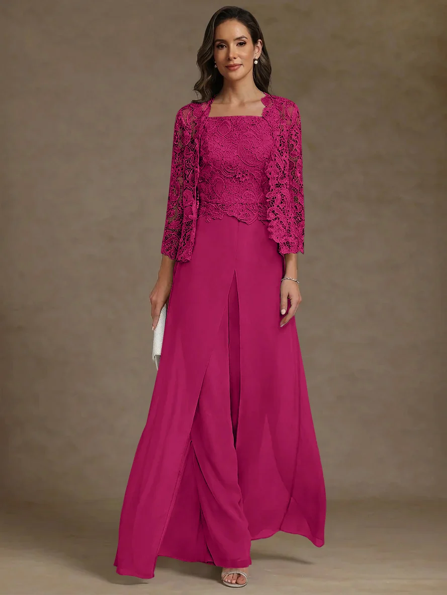 3 Pieces Square Collar Chiffon Mother of the Bride Pantsuits with Jacket Lace Ankle-Length with Overskirt 3/4 Sleeves