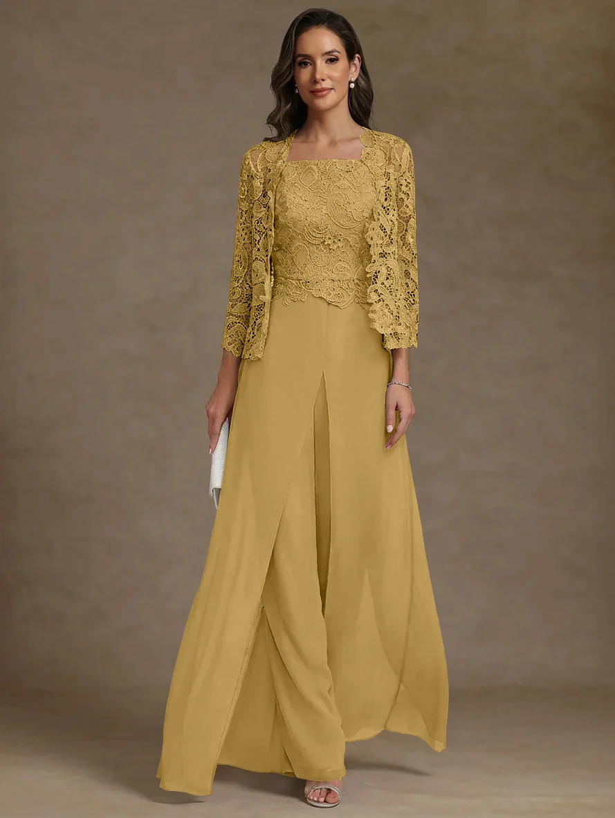 3 Pieces Square Collar Chiffon Mother of the Bride Pantsuits with Jacket Lace Ankle-Length with Overskirt 3/4 Sleeves
