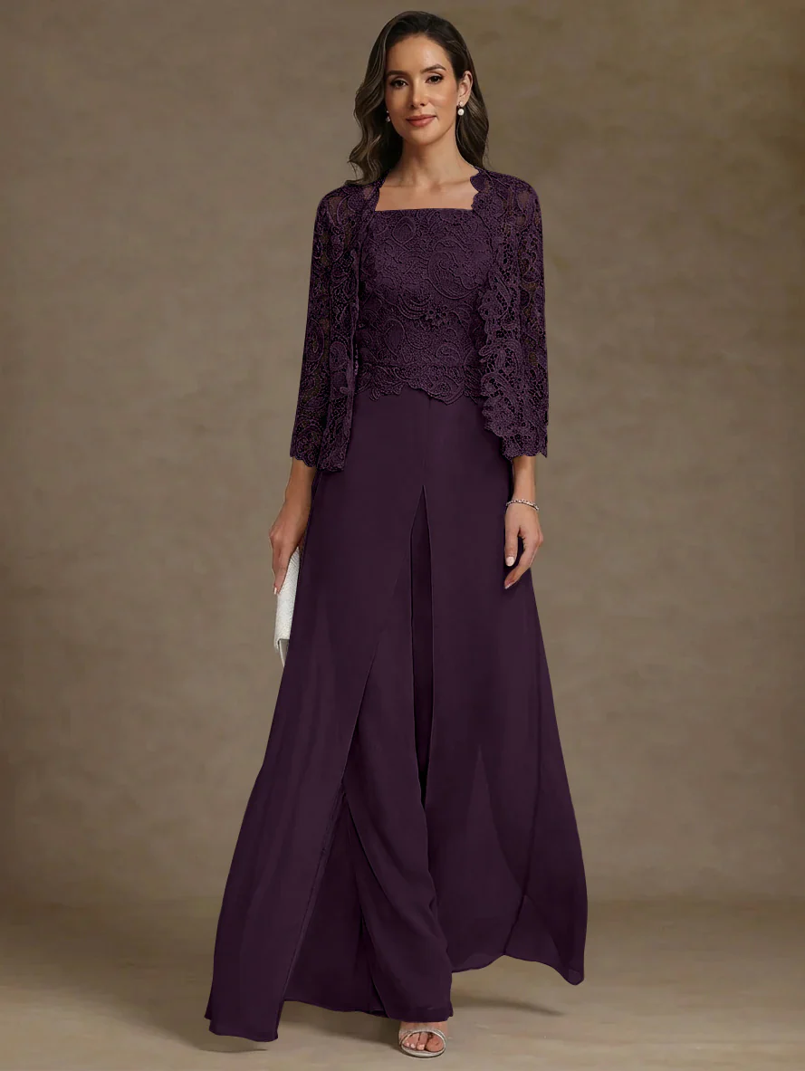 3 Pieces Square Collar Chiffon Mother of the Bride Pantsuits with Jacket Lace Ankle-Length with Overskirt 3/4 Sleeves