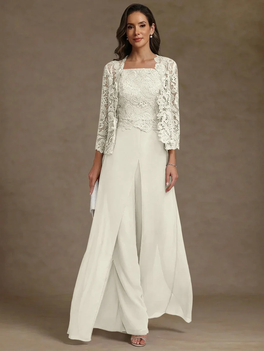 3 Pieces Square Collar Chiffon Mother of the Bride Pantsuits with Jacket Lace Ankle-Length with Overskirt 3/4 Sleeves