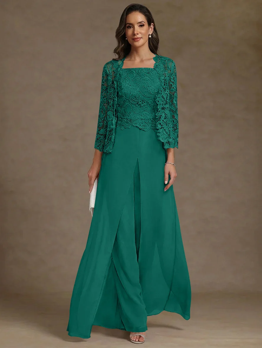 3 Pieces Square Collar Chiffon Mother of the Bride Pantsuits with Jacket Lace Ankle-Length with Overskirt 3/4 Sleeves