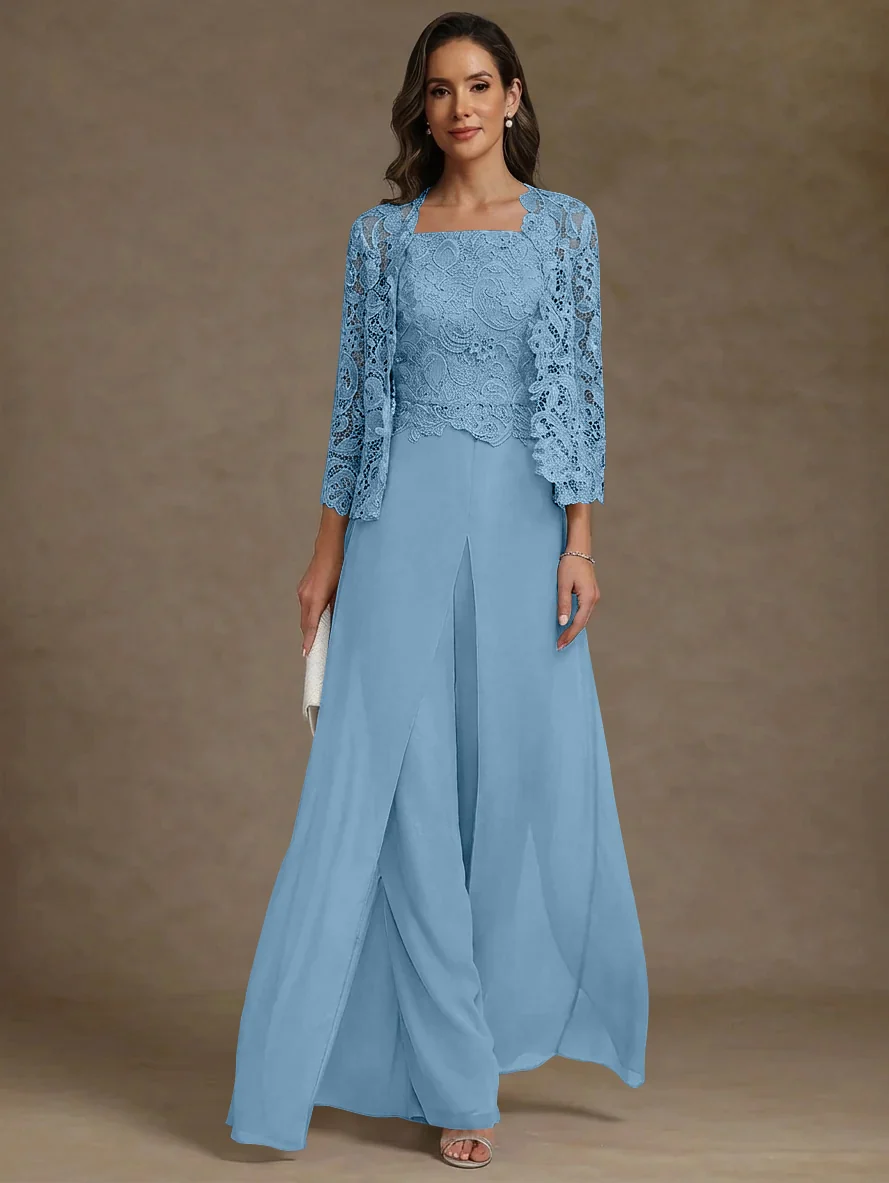 3 Pieces Square Collar Chiffon Mother of the Bride Pantsuits with Jacket Lace Ankle-Length with Overskirt 3/4 Sleeves