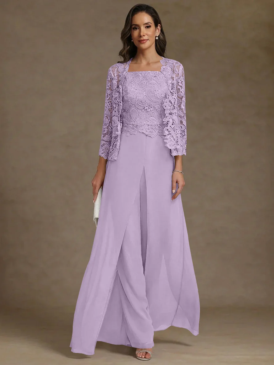 3 Pieces Square Collar Chiffon Mother of the Bride Pantsuits with Jacket Lace Ankle-Length with Overskirt 3/4 Sleeves