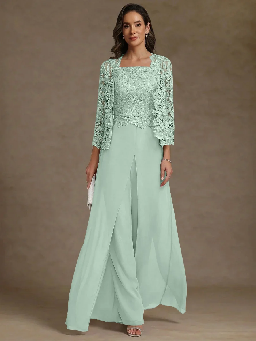 3 Pieces Square Collar Chiffon Mother of the Bride Pantsuits with Jacket Lace Ankle-Length with Overskirt 3/4 Sleeves