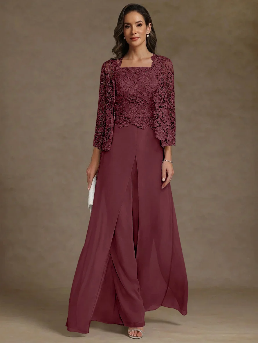 3 Pieces Square Collar Chiffon Mother of the Bride Pantsuits with Jacket Lace Ankle-Length with Overskirt 3/4 Sleeves
