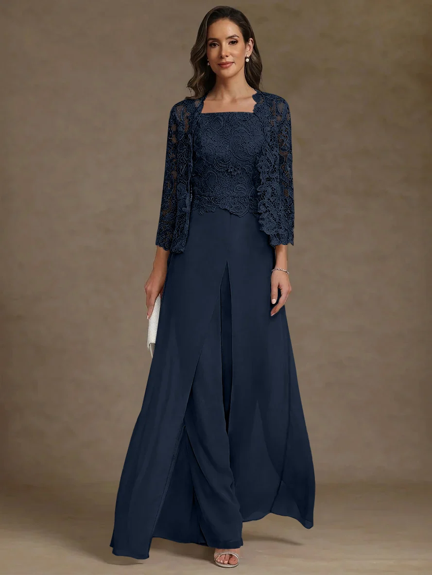 3 Pieces Square Collar Chiffon Mother of the Bride Pantsuits with Jacket Lace Ankle-Length with Overskirt 3/4 Sleeves