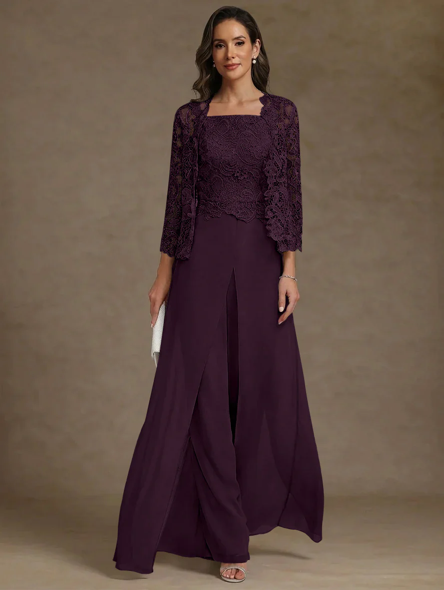 3 Pieces Square Collar Chiffon Mother of the Bride Pantsuits with Jacket Lace Ankle-Length with Overskirt 3/4 Sleeves