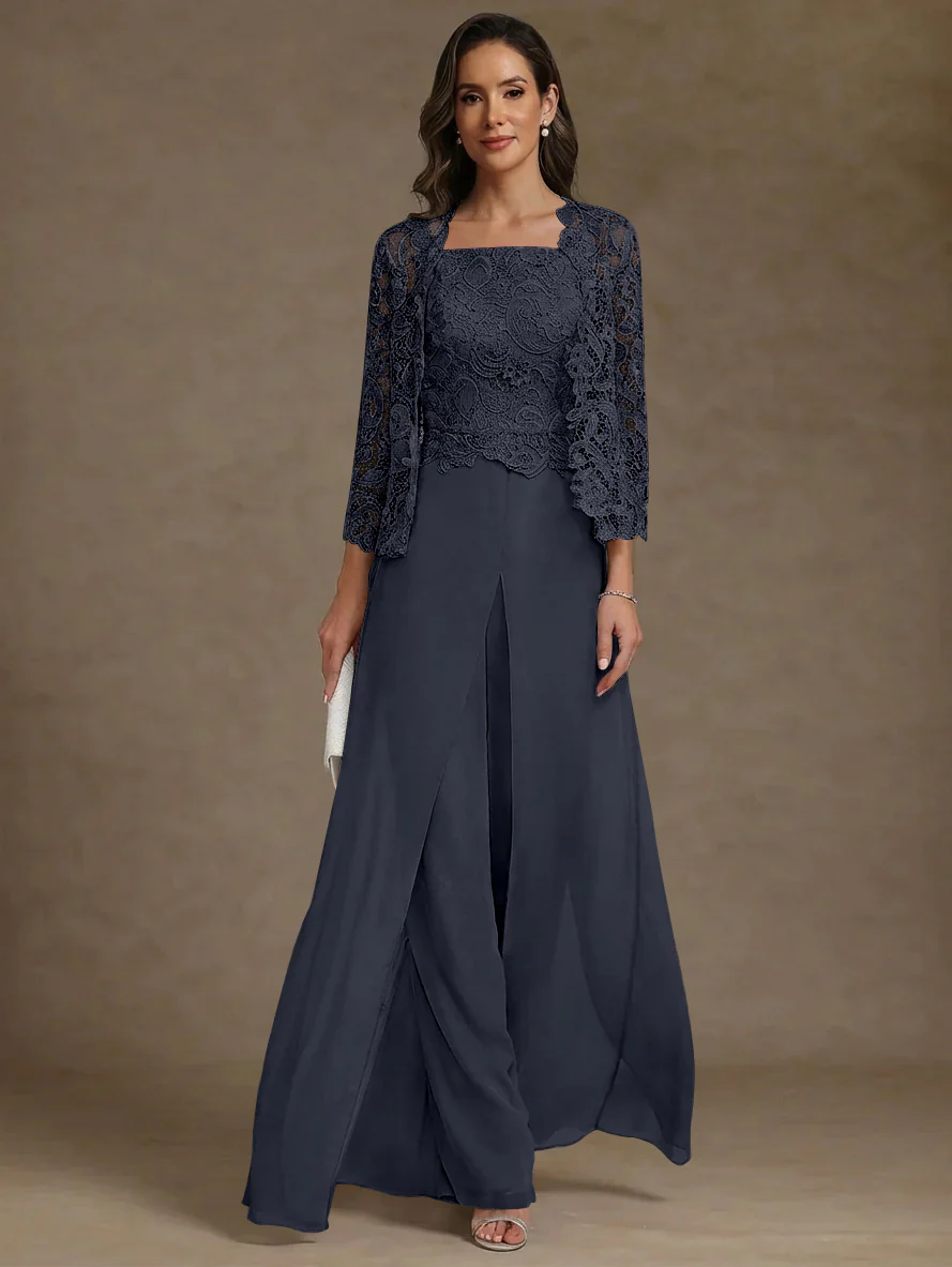 3 Pieces Square Collar Chiffon Mother of the Bride Pantsuits with Jacket Lace Ankle-Length with Overskirt 3/4 Sleeves