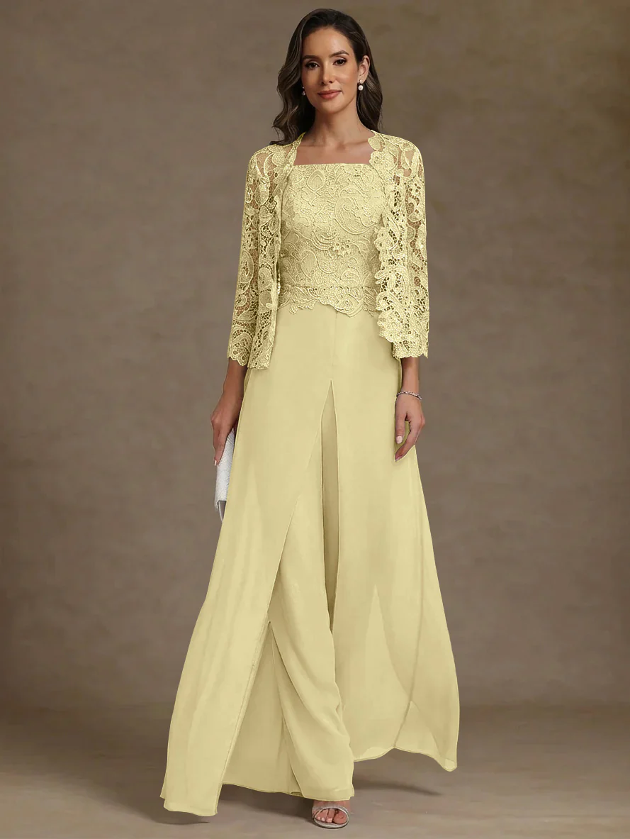 3 Pieces Square Collar Chiffon Mother of the Bride Pantsuits with Jacket Lace Ankle-Length with Overskirt 3/4 Sleeves