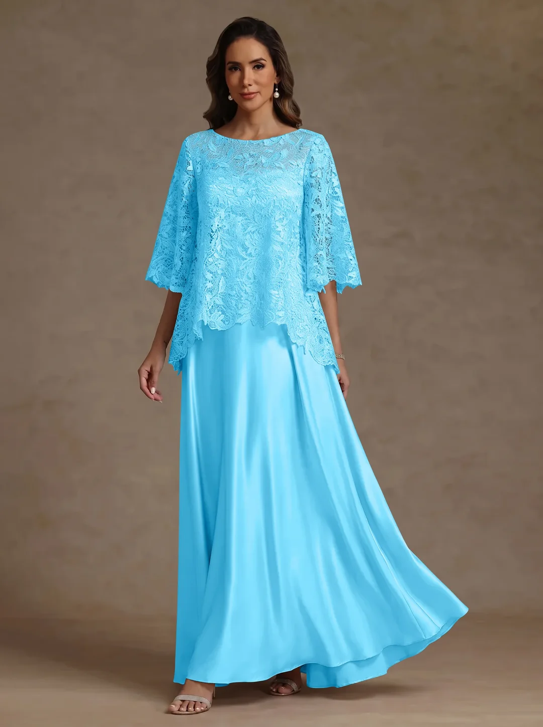 2 Pieces A-Line/Princess Silk Satin Scoop Mother ofthe Bride Dresses Lace Floor Length Short Sleeves