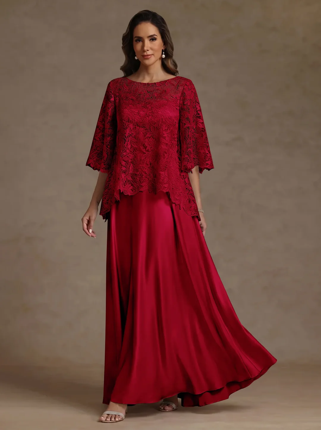 2 Pieces A-Line/Princess Silk Satin Scoop Mother ofthe Bride Dresses Lace Floor Length Short Sleeves