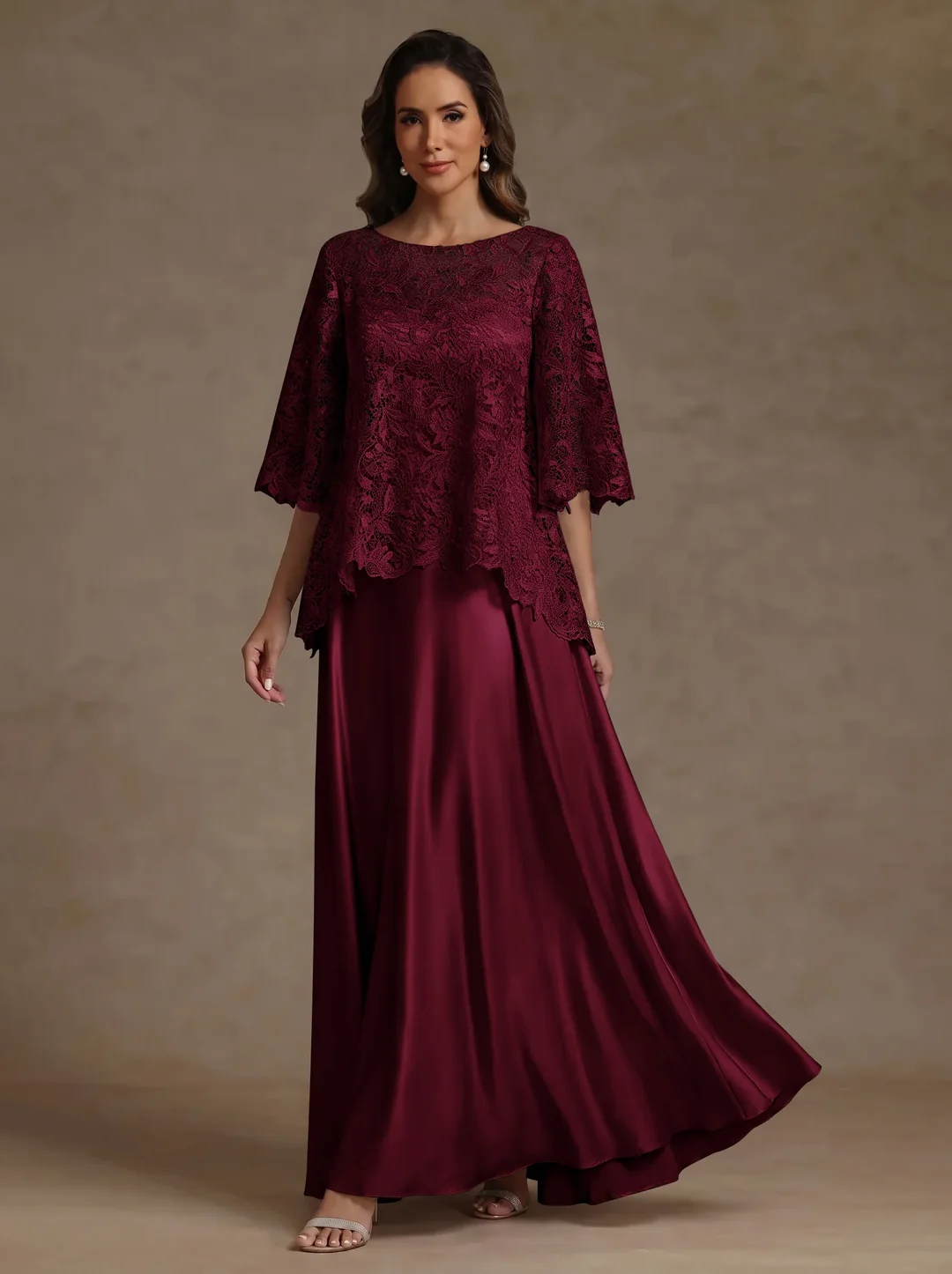 2 Pieces A-Line/Princess Silk Satin Scoop Mother ofthe Bride Dresses Lace Floor Length Short Sleeves