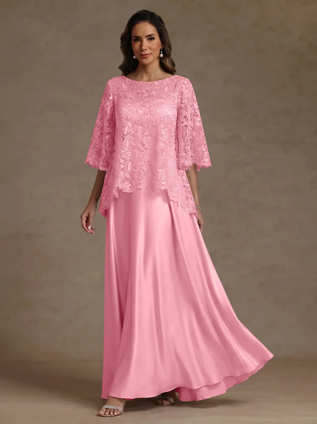 2 Pieces A-Line/Princess Silk Satin Scoop Mother ofthe Bride Dresses Lace Floor Length Short Sleeves
