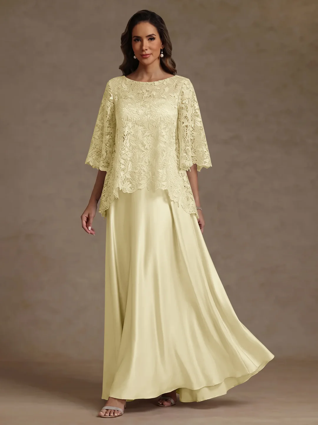 2 Pieces A-Line/Princess Silk Satin Scoop Mother ofthe Bride Dresses Lace Floor Length Short Sleeves