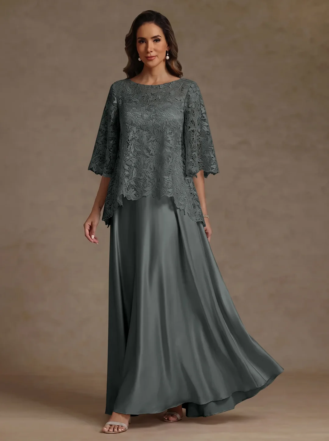 2 Pieces A-Line/Princess Silk Satin Scoop Mother ofthe Bride Dresses Lace Floor Length Short Sleeves