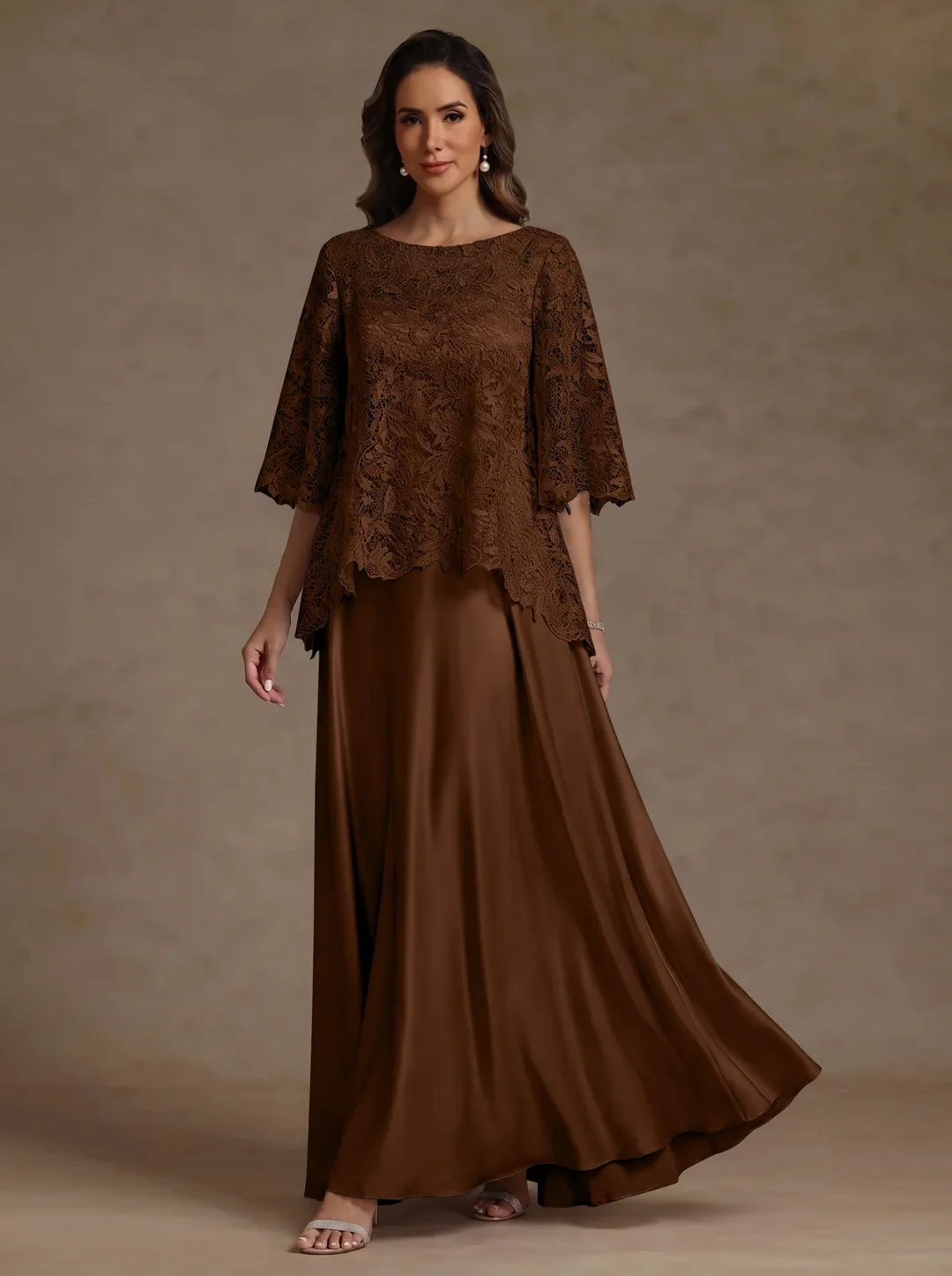 2 Pieces A-Line/Princess Silk Satin Scoop Mother ofthe Bride Dresses Lace Floor Length Short Sleeves