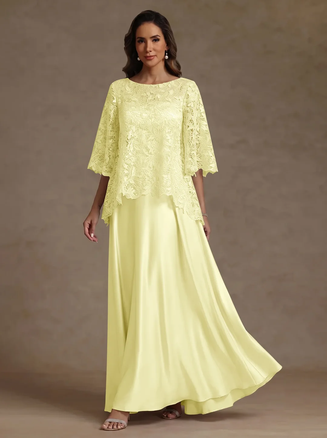 2 Pieces A-Line/Princess Silk Satin Scoop Mother ofthe Bride Dresses Lace Floor Length Short Sleeves