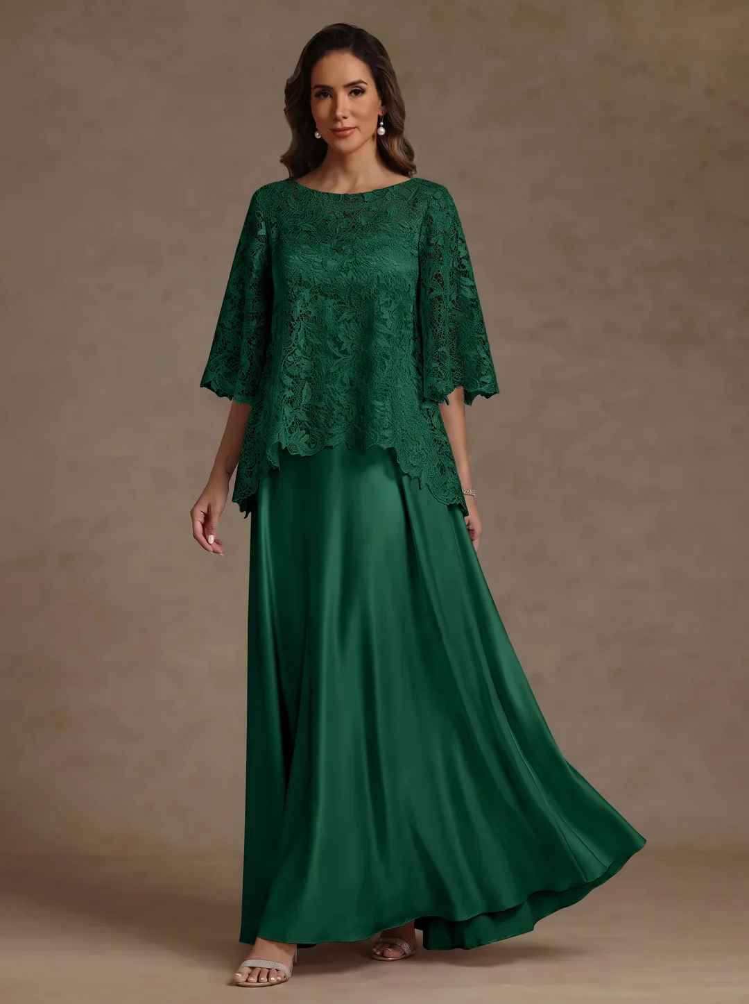 2 Pieces A-Line/Princess Silk Satin Scoop Mother ofthe Bride Dresses Lace Floor Length Short Sleeves