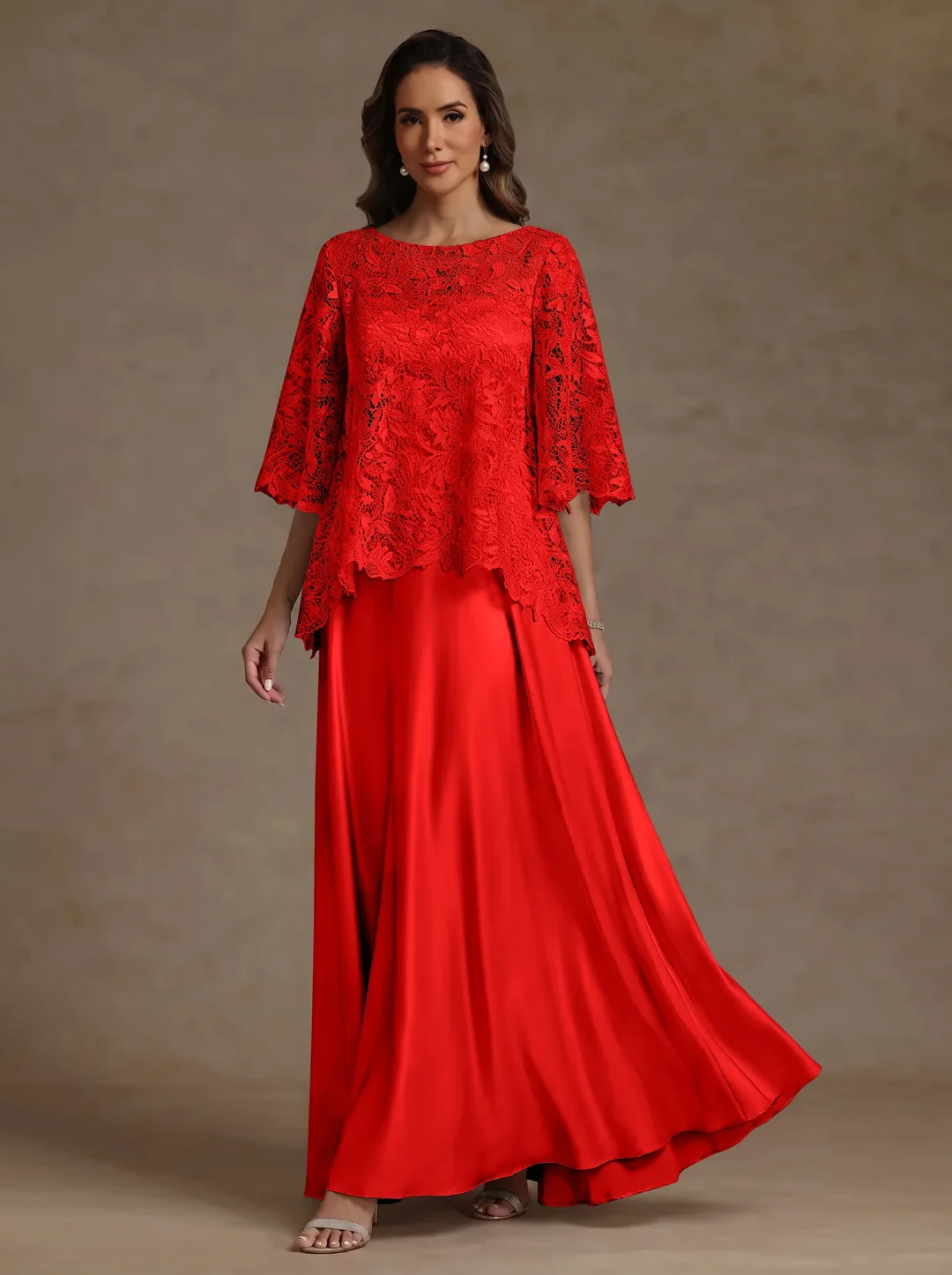 2 Pieces A-Line/Princess Silk Satin Scoop Mother ofthe Bride Dresses Lace Floor Length Short Sleeves