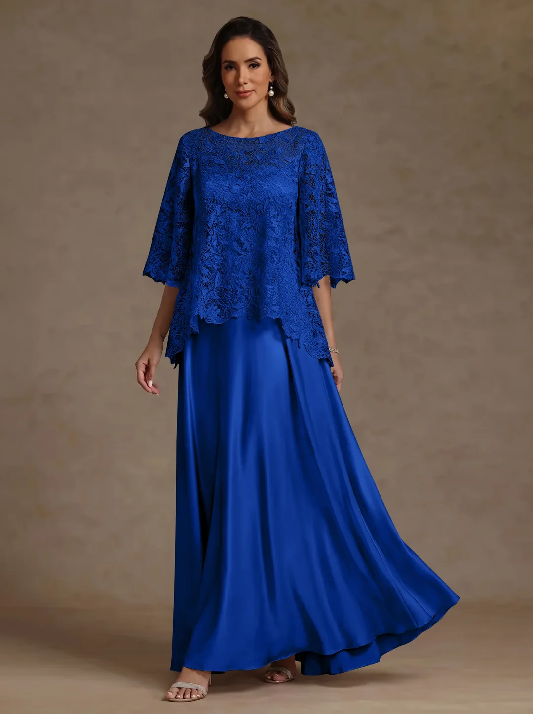 2 Pieces A-Line/Princess Silk Satin Scoop Mother ofthe Bride Dresses Lace Floor Length Short Sleeves