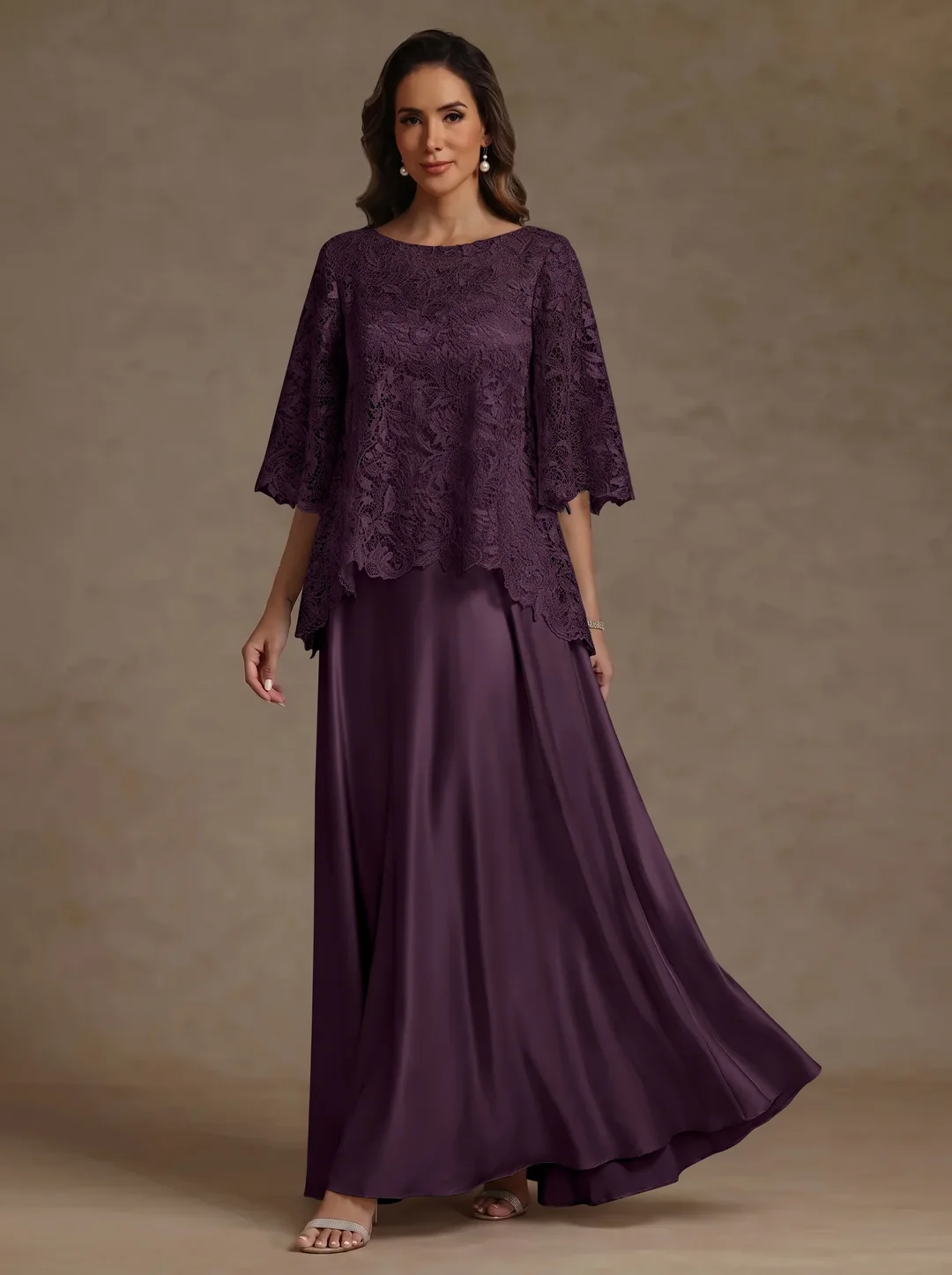 2 Pieces A-Line/Princess Silk Satin Scoop Mother ofthe Bride Dresses Lace Floor Length Short Sleeves