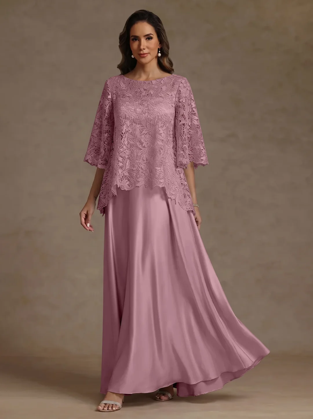 2 Pieces A-Line/Princess Silk Satin Scoop Mother ofthe Bride Dresses Lace Floor Length Short Sleeves