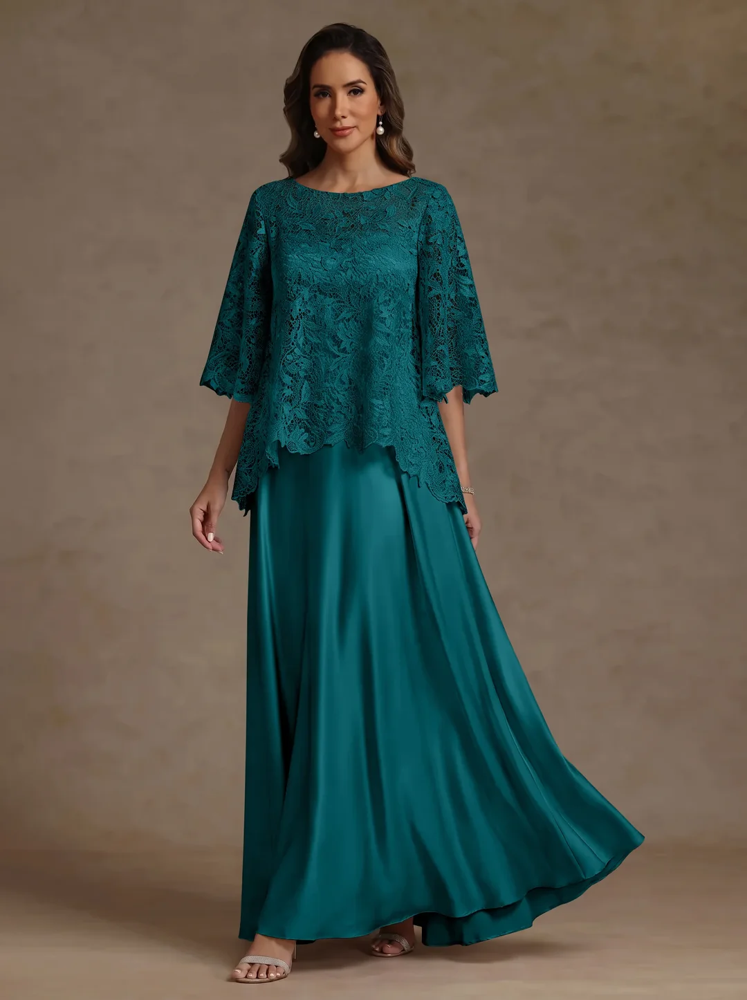 2 Pieces A-Line/Princess Silk Satin Scoop Mother ofthe Bride Dresses Lace Floor Length Short Sleeves