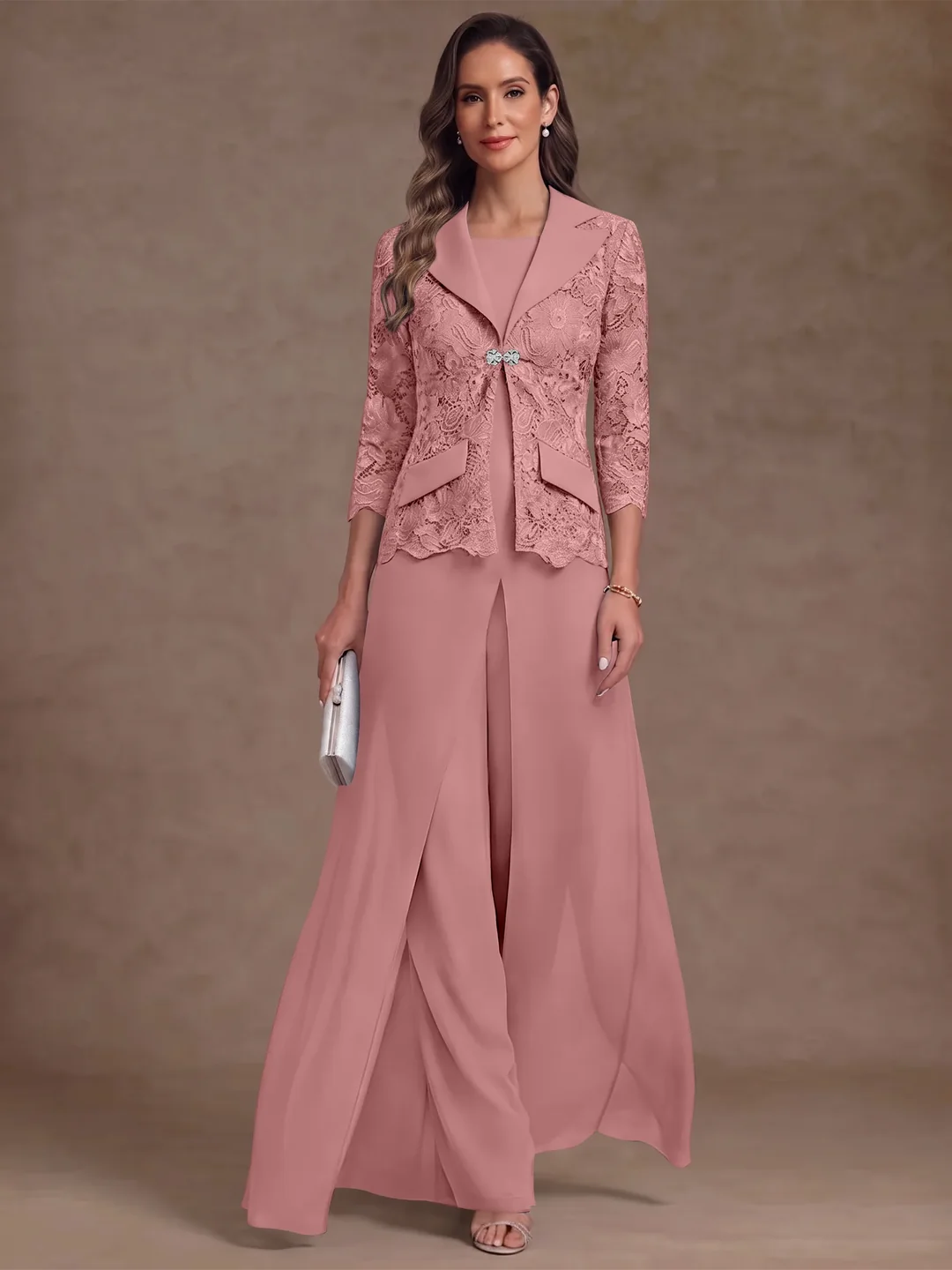 3 Pieces Suit Scoop Chiffon Mother of the Bride Pantsuits with Jacket Overskirt Lace Ankle-Length 3/4 Sleeves