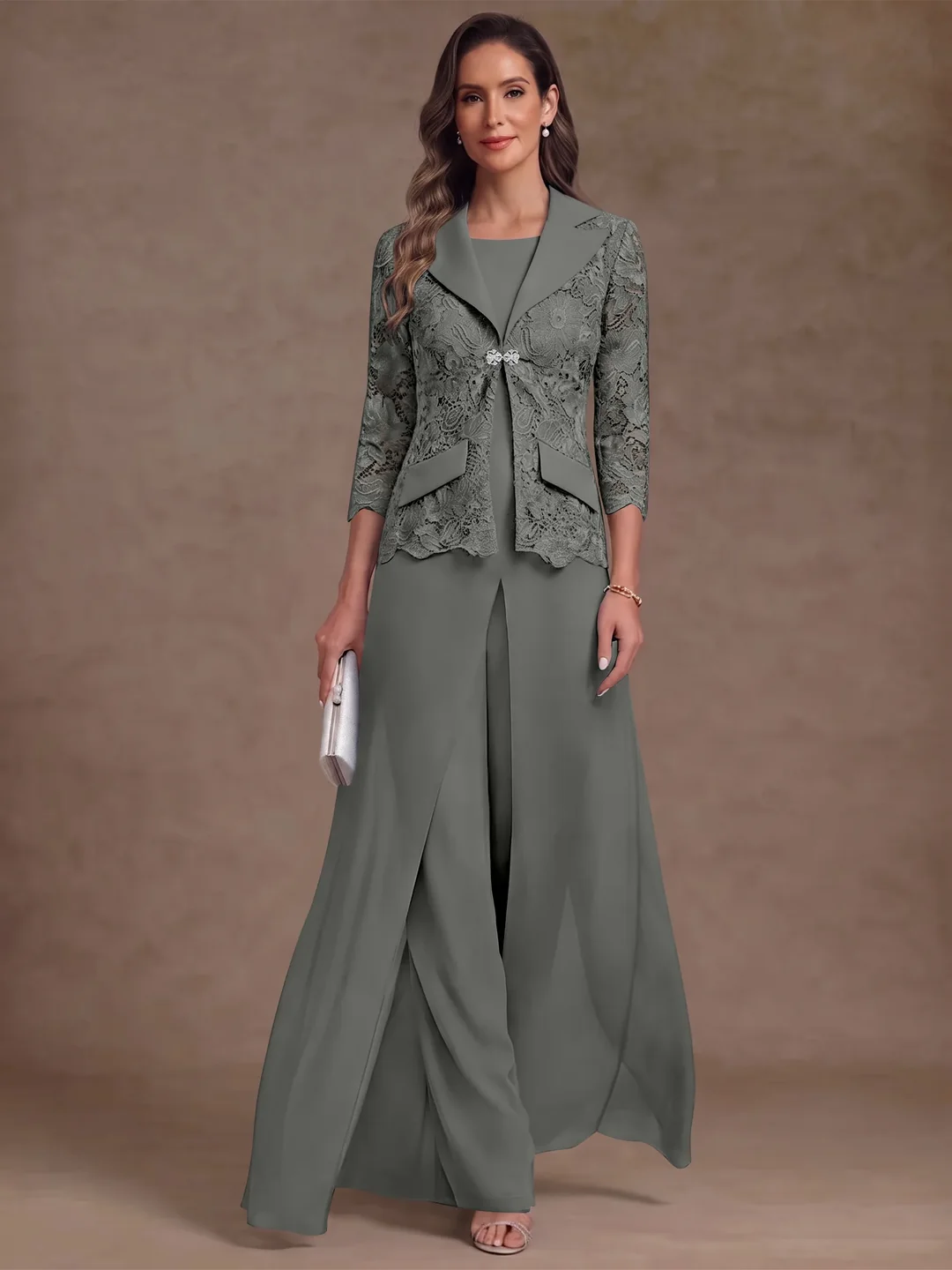 3 Pieces Suit Scoop Chiffon Mother of the Bride Pantsuits with Jacket Overskirt Lace Ankle-Length 3/4 Sleeves