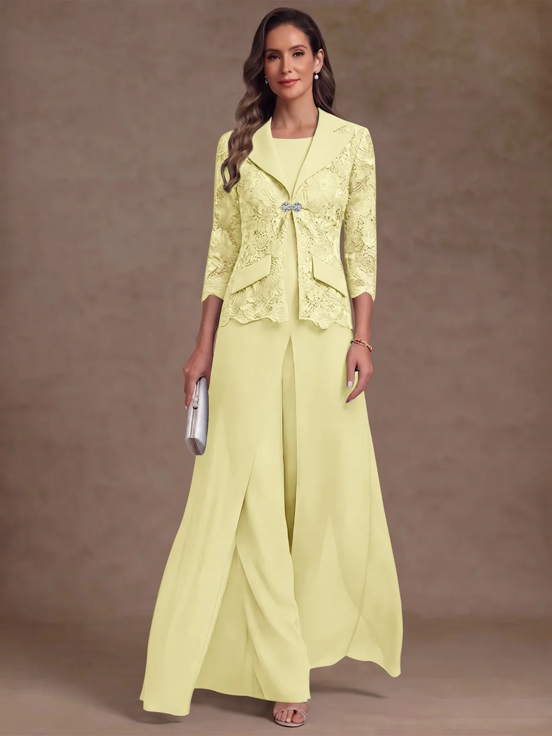 3 Pieces Suit Scoop Chiffon Mother of the Bride Pantsuits with Jacket Overskirt Lace Ankle-Length 3/4 Sleeves