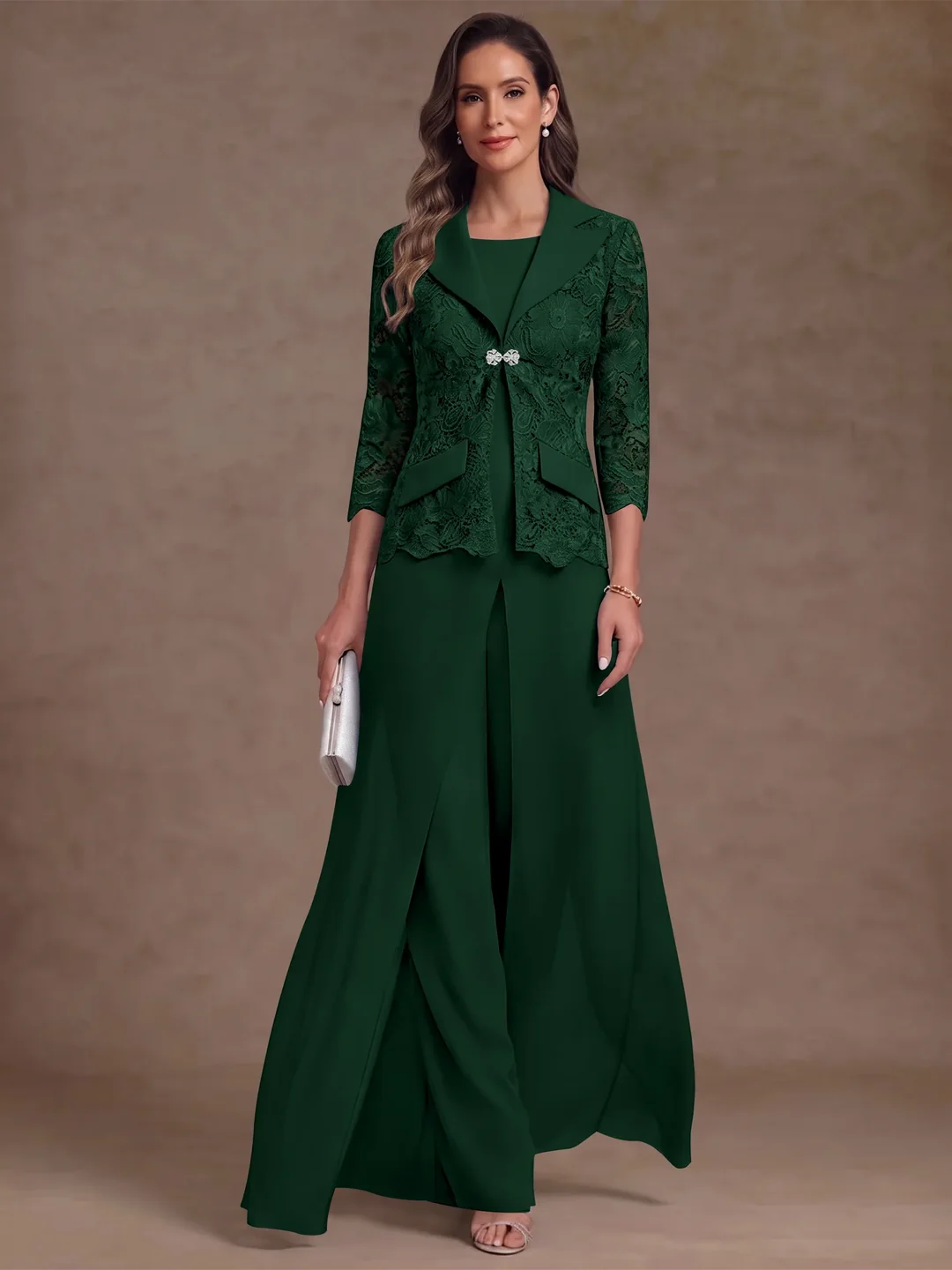 3 Pieces Suit Scoop Chiffon Mother of the Bride Pantsuits with Jacket Overskirt Lace Ankle-Length 3/4 Sleeves