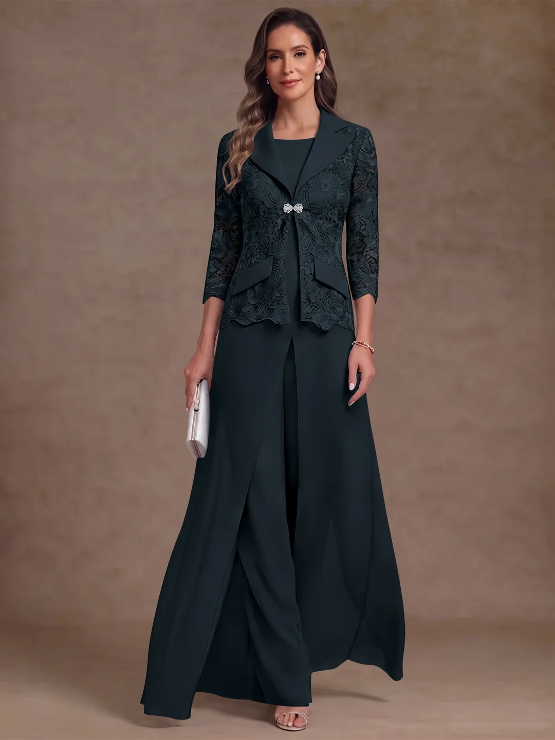 3 Pieces Suit Scoop Chiffon Mother of the Bride Pantsuits with Jacket Overskirt Lace Ankle-Length 3/4 Sleeves