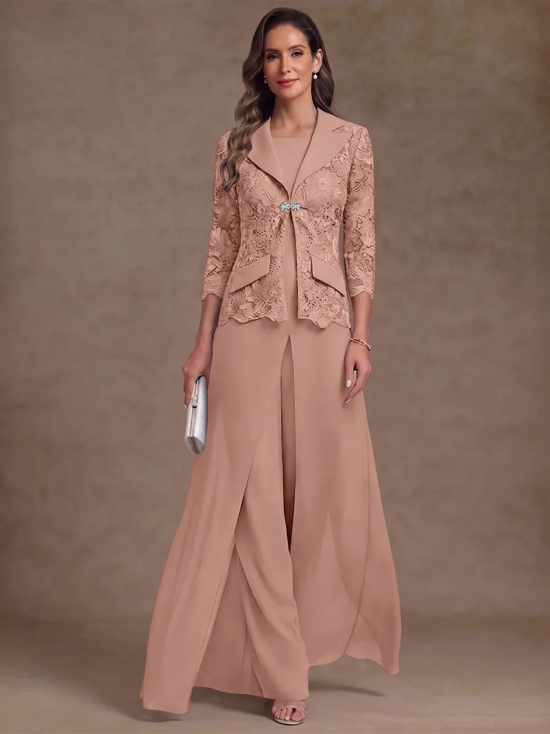 3 Pieces Suit Scoop Chiffon Mother of the Bride Pantsuits with Jacket Overskirt Lace Ankle-Length 3/4 Sleeves