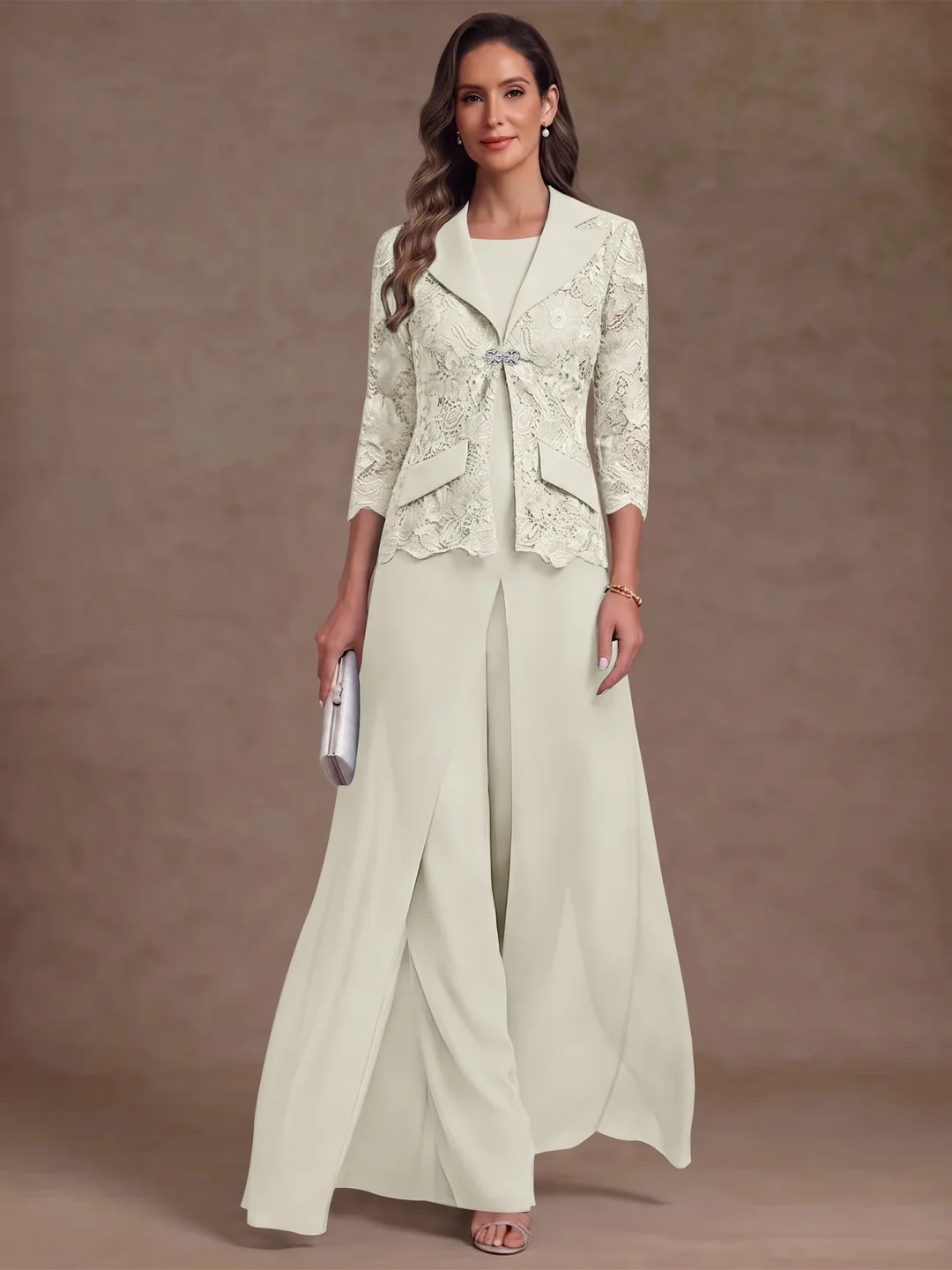 3 Pieces Suit Scoop Chiffon Mother of the Bride Pantsuits with Jacket Overskirt Lace Ankle-Length 3/4 Sleeves
