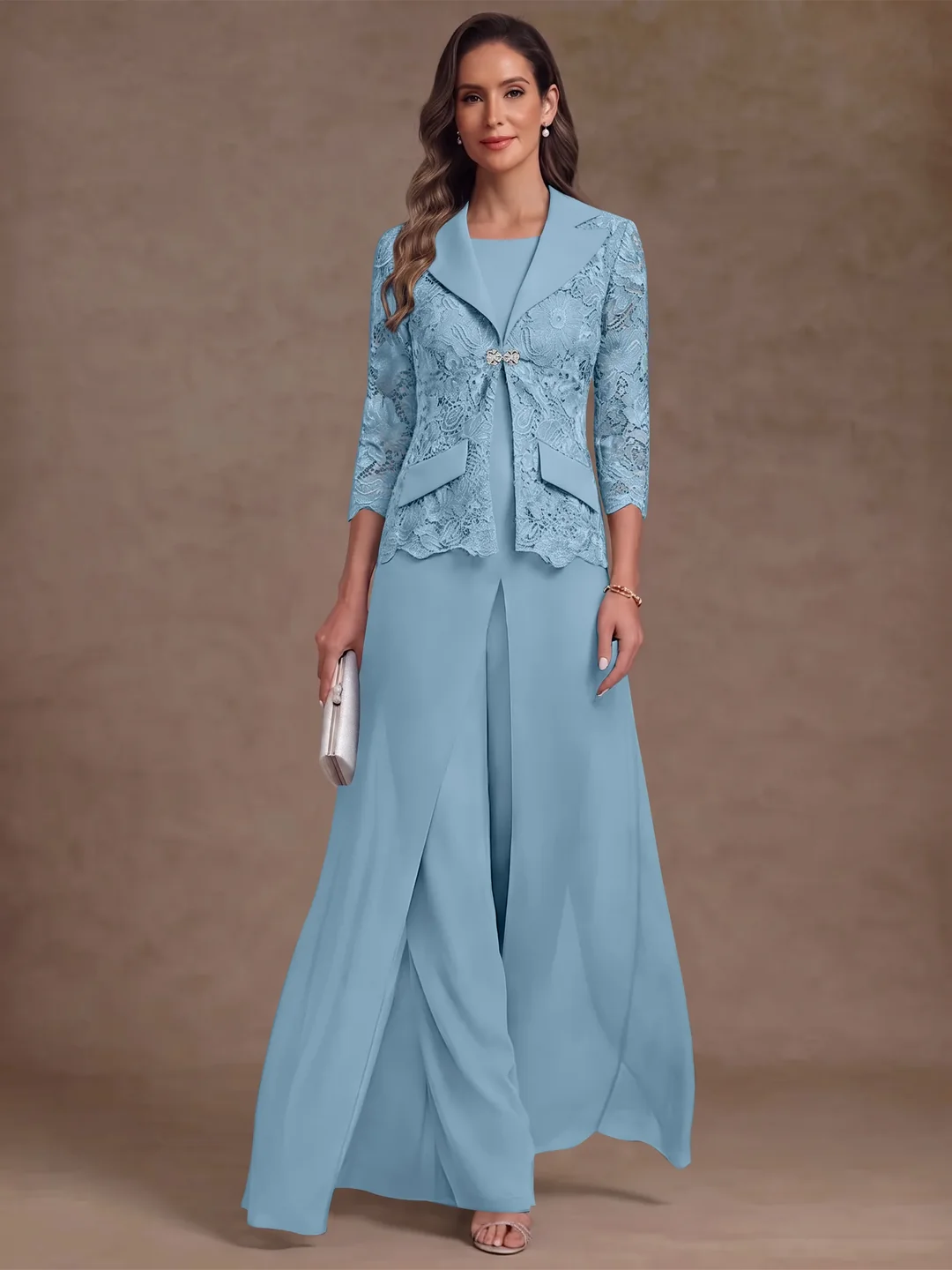 3 Pieces Suit Scoop Chiffon Mother of the Bride Pantsuits with Jacket Overskirt Lace Ankle-Length 3/4 Sleeves