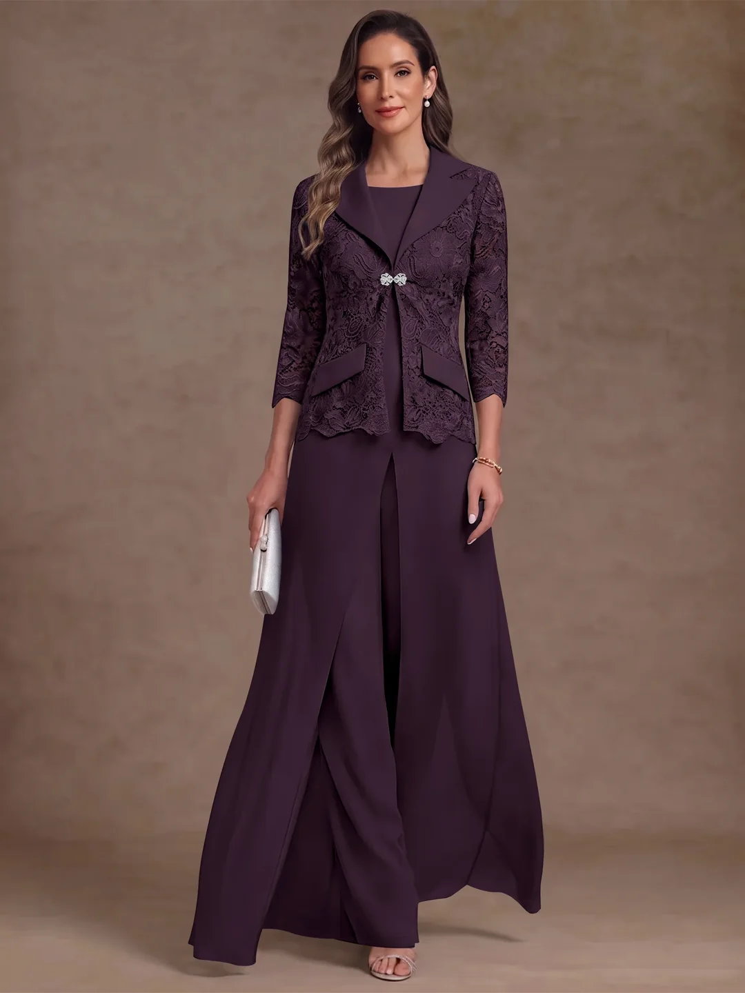 3 Pieces Suit Scoop Chiffon Mother of the Bride Pantsuits with Jacket Overskirt Lace Ankle-Length 3/4 Sleeves