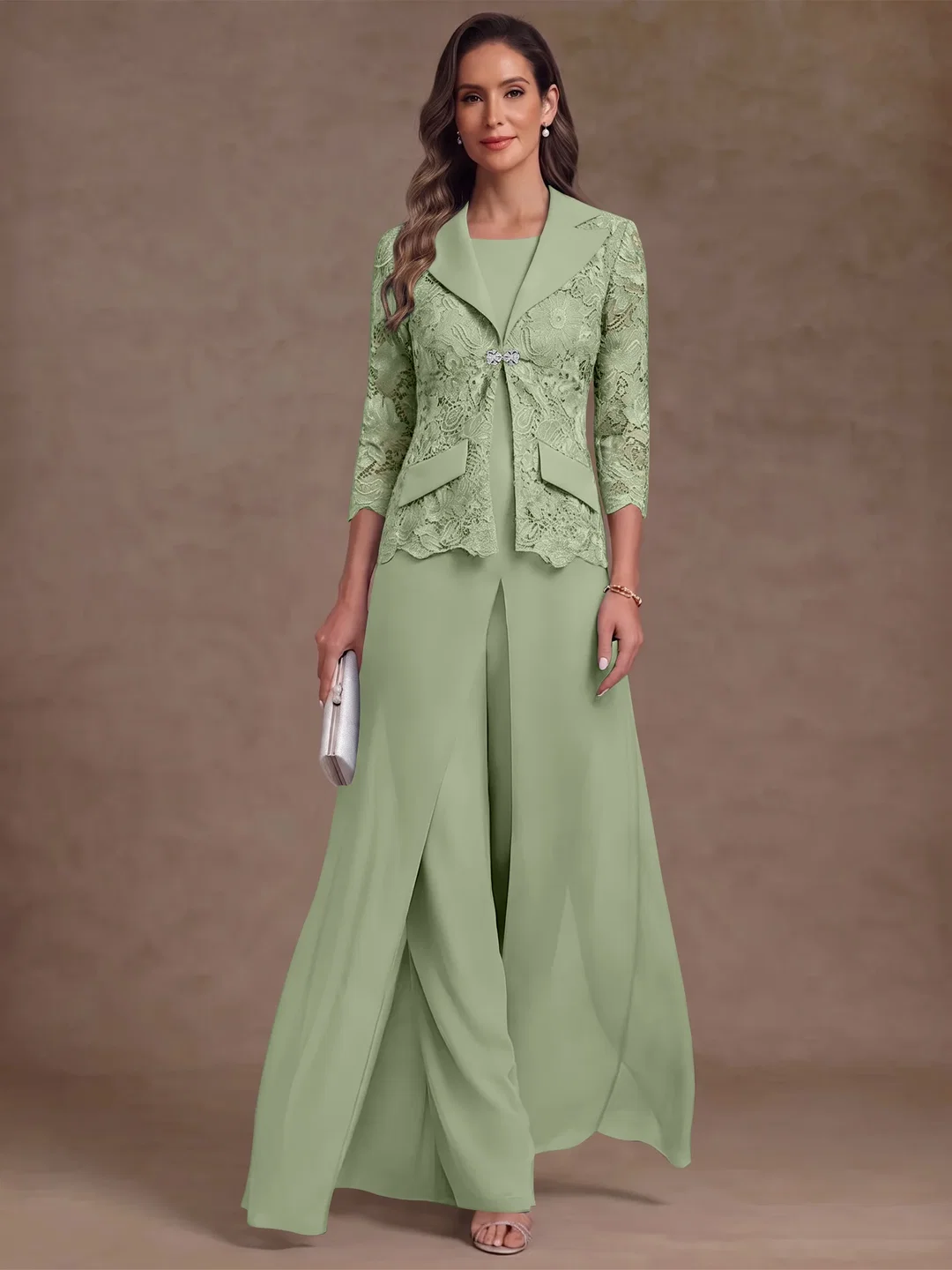 3 Pieces Suit Scoop Chiffon Mother of the Bride Pantsuits with Jacket Overskirt Lace Ankle-Length 3/4 Sleeves