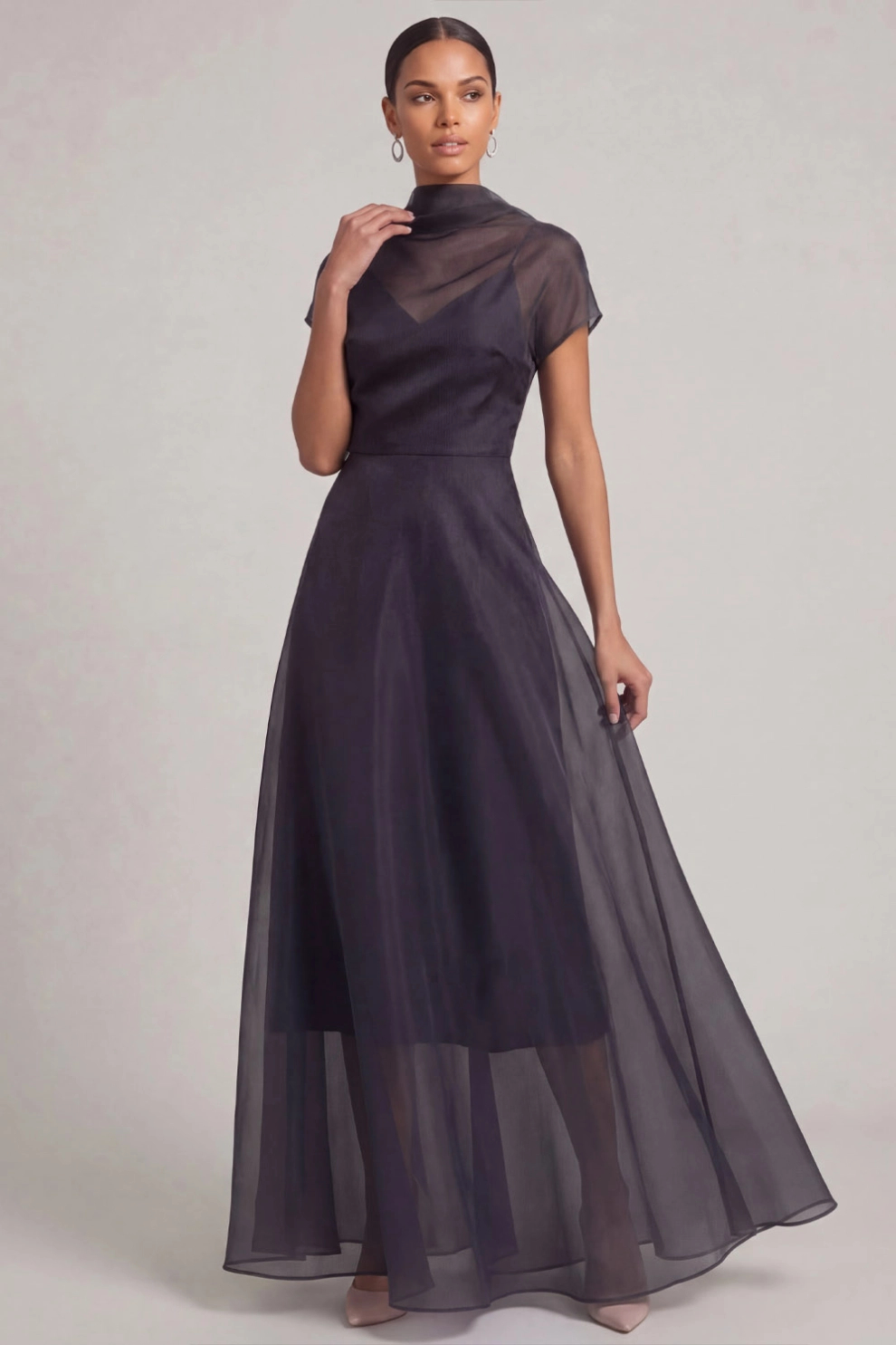A-Line High Neck Illusion Short Sleeves Maxi Dress