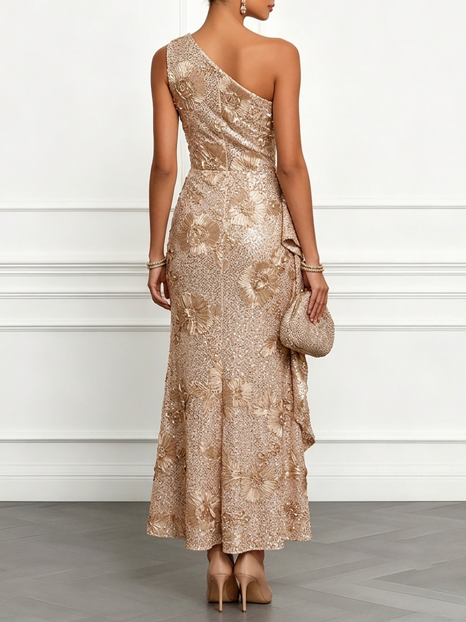 Champagne Jacquard Sequin One Shoulder Sleeveless Mermaid Maxi Dress