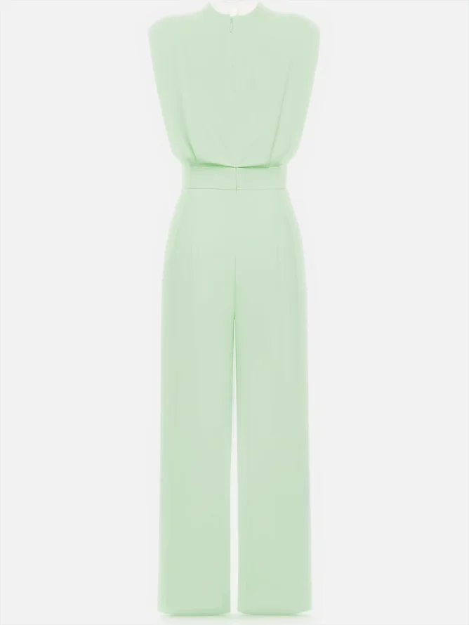 Women Off White Crew Neck Sleeveless Dressy Jumpsuit With Pockets