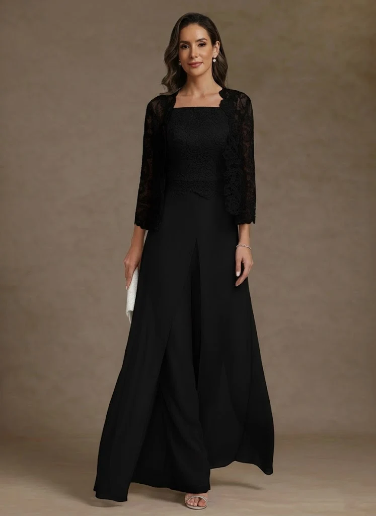 3 Pieces Square Collar Chiffon Mother of the Bride Pantsuits with Jacket Lace Ankle-Length with Overskirt 3/4 Sleeves